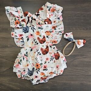 Baby Girl Chicken & Floral Print Ruffle Romper Set with Headband 12-18M